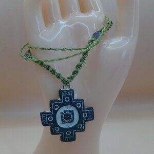 Unisex Necklace Woven Macramé Thread Processed Inca Chakana Stone